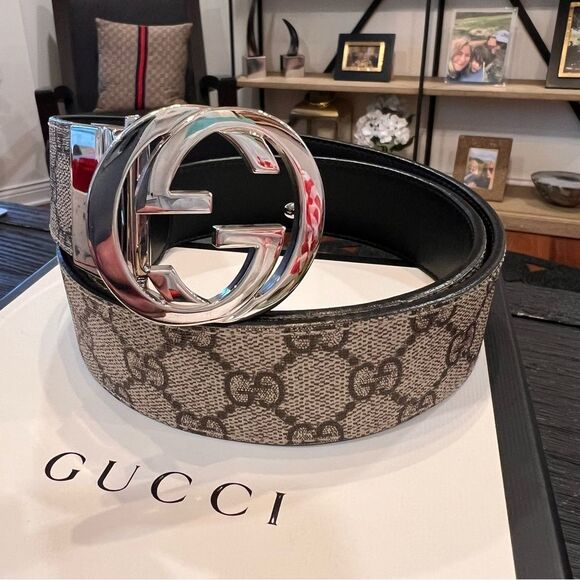 Gucci Silver Buckle Monogram Belt - Picture 1 of 7